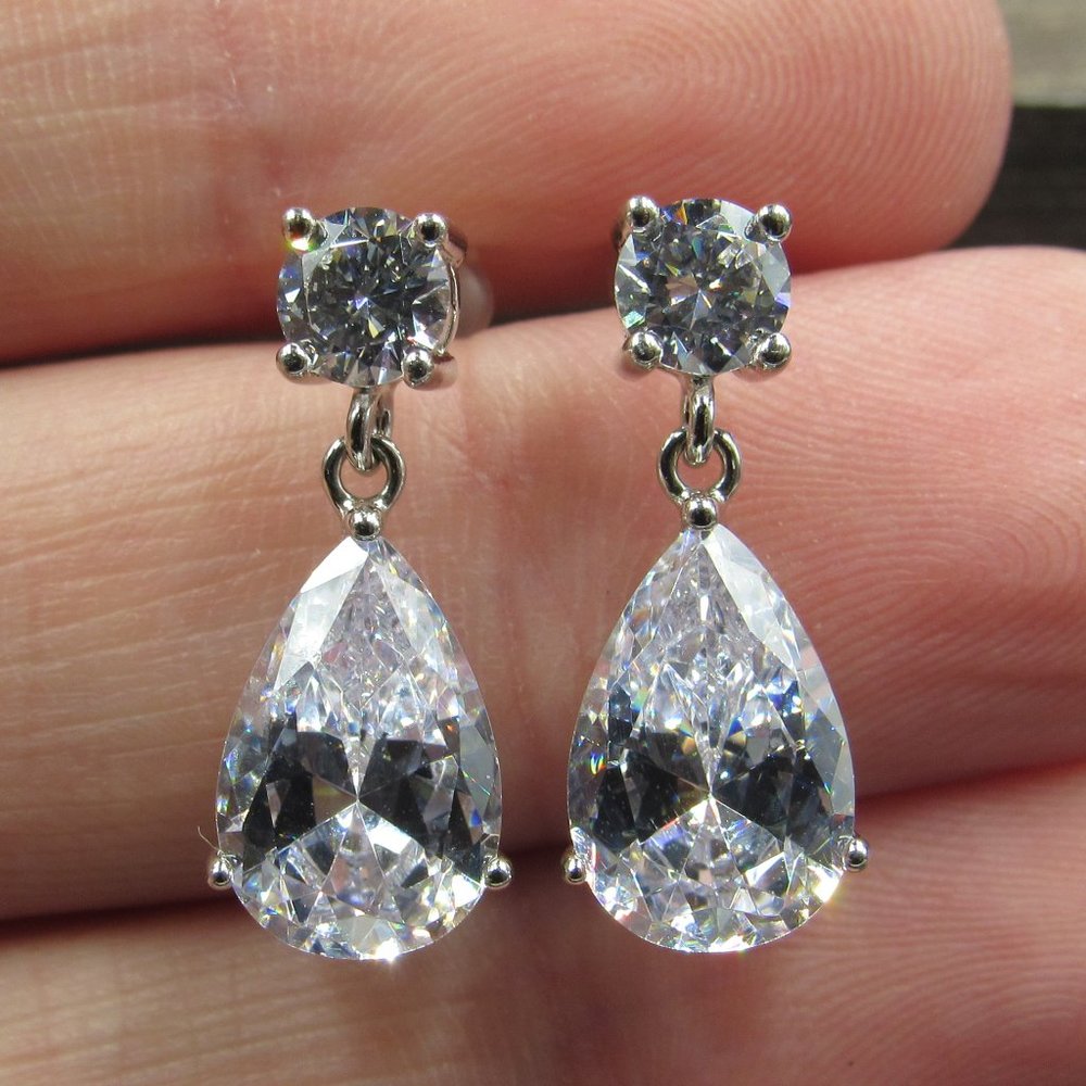 Sterling Pear & Round Cubic Zirconia Earrings - Picture 1 of 8